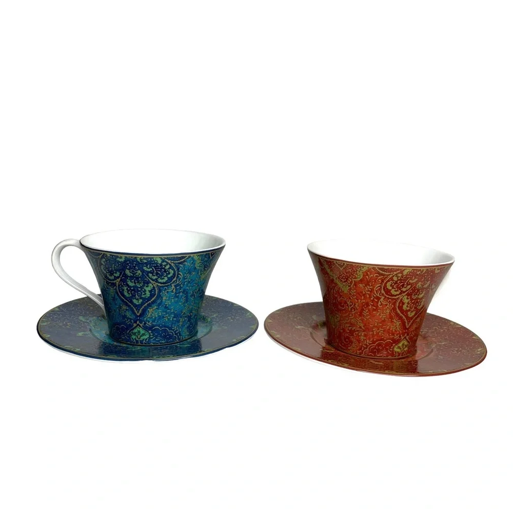 222 FIFTH Set of 2 Eva Opulent Blue & Red Porcelaine Fine China Cup & Saucer Set